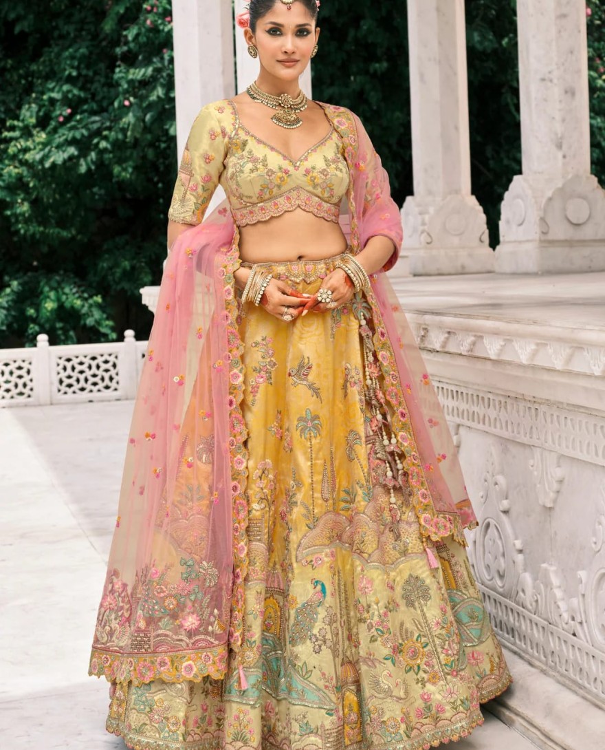 YELLOW - Corn Yellow Fancy Silk Lehenga Choli With Cut Work Embroidery Border & Stone Work